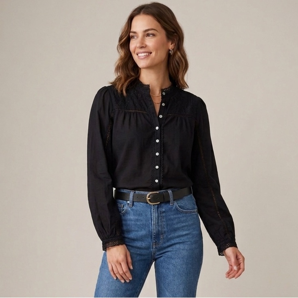 Jennifer & Grace Black Button Front Cotton Embroidered Peasant Top Size Large